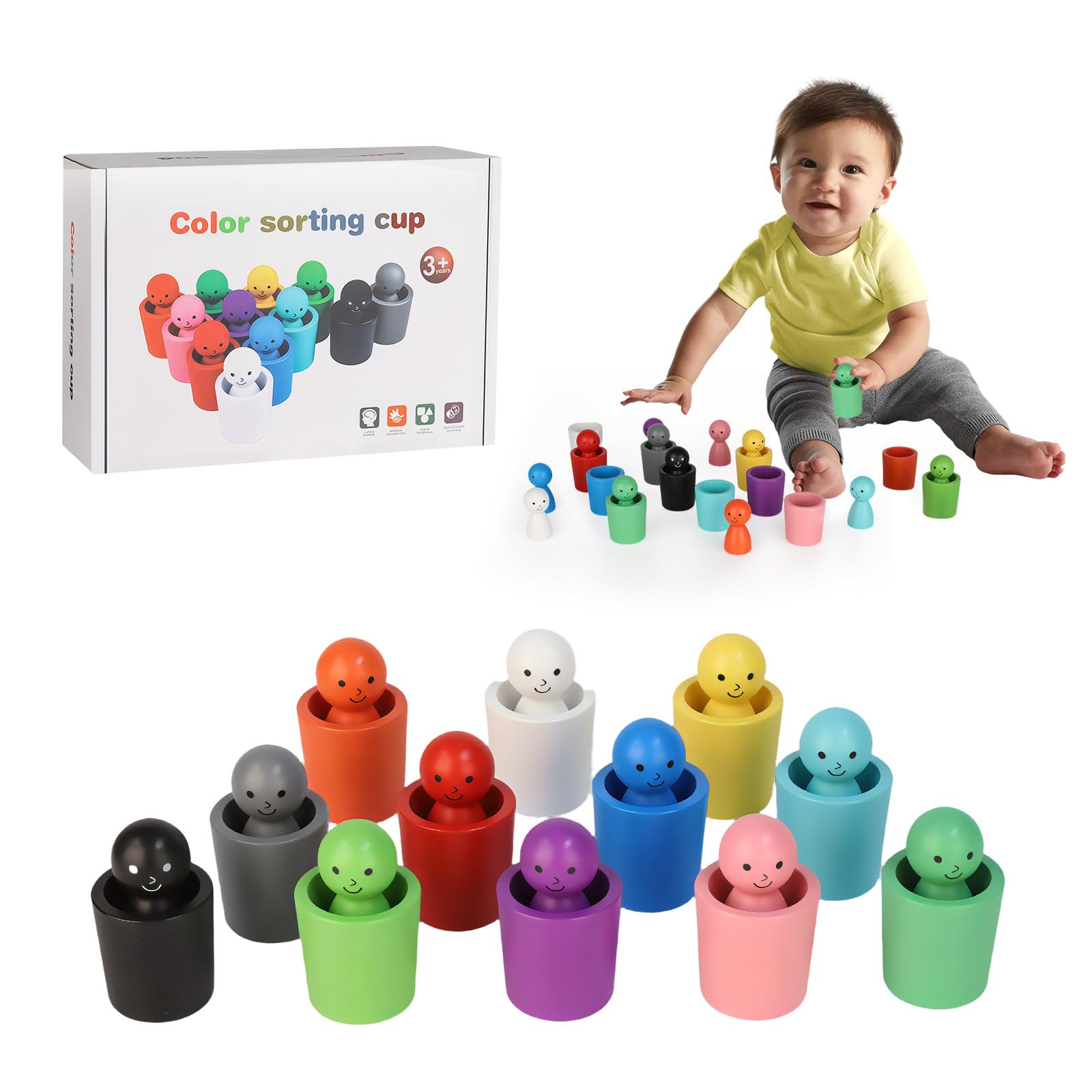 Lixstyea Montessori Spielzeug Farb Sortierbecher - Farberkennung Early Development Toys, Farberkennung Holz Spielzeug, Farben sortierspiel, Farben sortieren für Kinder 2 Jahre, farbsortierspiel
