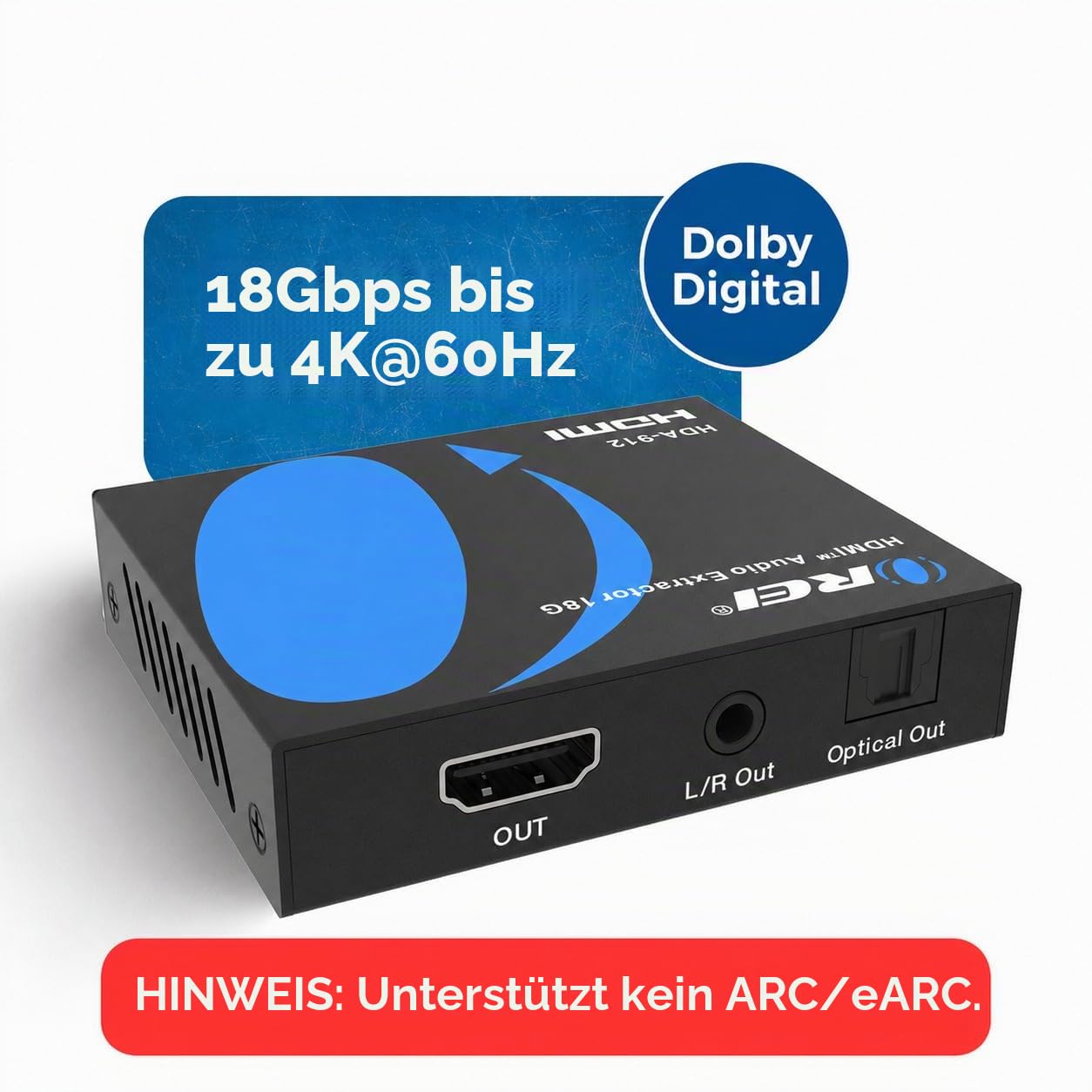 OREI 4K Audio Extractor HDMI UltraHD 4K @ 60Hz 18G HDMI 2.0 Audio Converter SPDIF + 3.5mm Ausgang HDCP 2.2 - Dolby Digital/DTS Passthrough CEC, HDR, Dolby Vision, HDR10 Unterstützung (HDA-912)