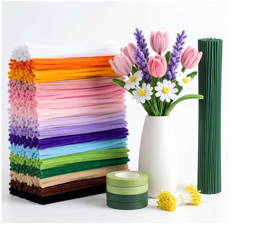 Kit Fil Chenille 1200 pièces, 12 Couleurs, 60 Fil de Fer Floral