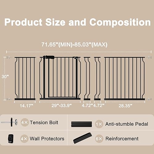 Miniatura 80 de WAOWAO Puerta de seguridad para bebés 52.76-62.2" extra ancha con montaje a presión, con apertura de vaivén, cierre automático, de metal negro