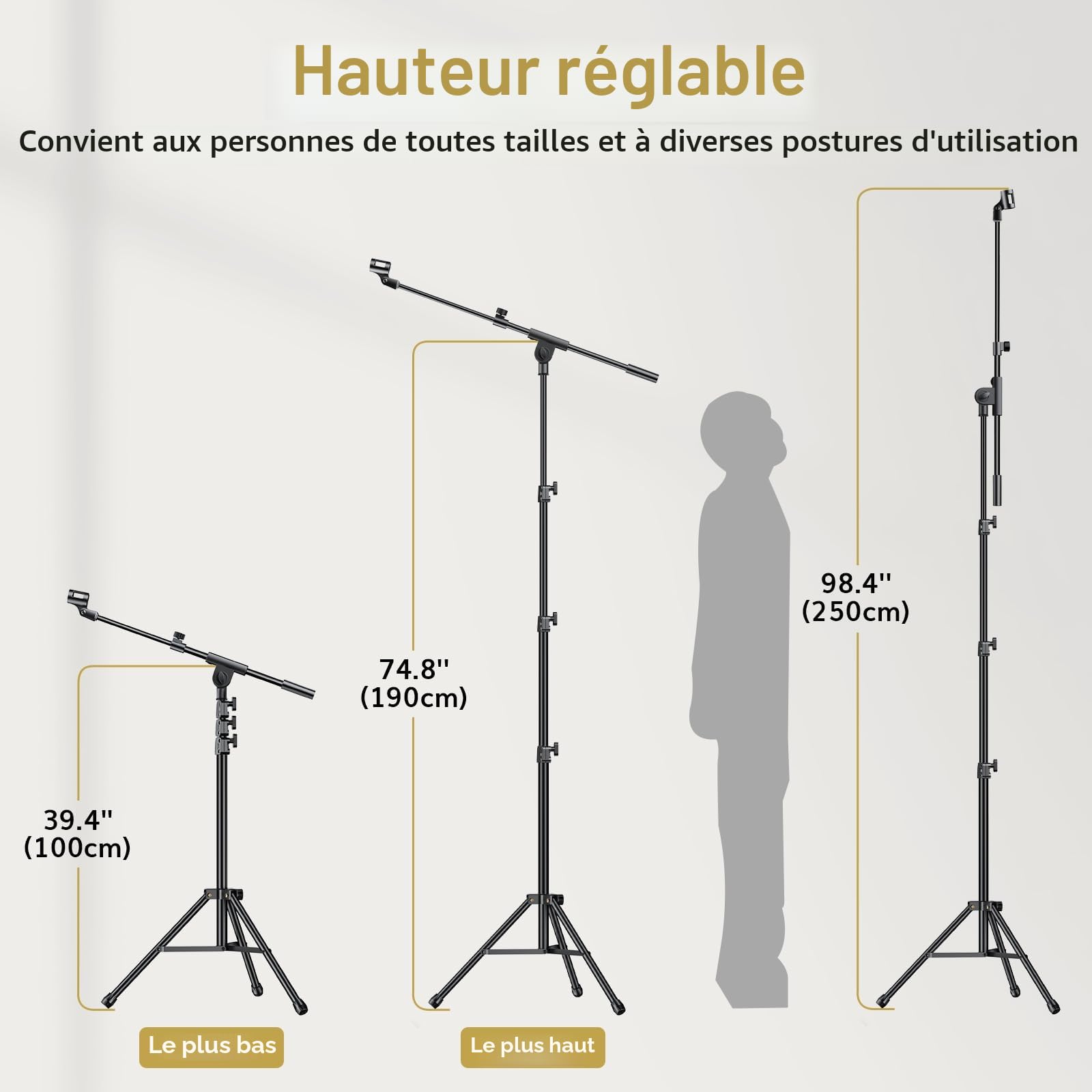 TONOR Bras de Microphone avec Support de Tablette, Perche Tripode pour le Sol, Hauteur et Angle Réglables,avec Sac de Transport, Pince pour Téléphone et iPad, Large compatibilité, 190 cm,T35