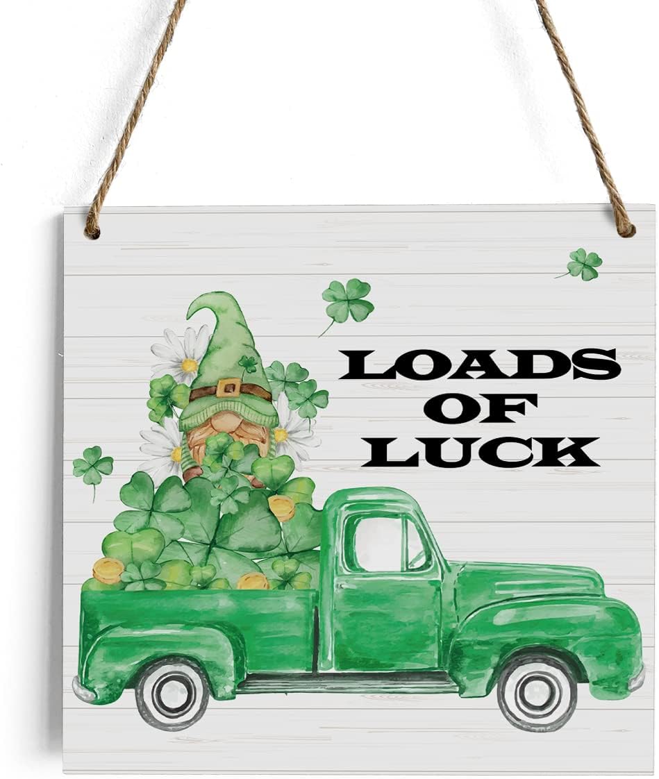 Rustic St Patricks Day Wood Wall Art Wall Hanging Decor Funny St Patricks Gnome Shamrock Truck Decoration Wooden Decorative Plaque Sign for Home Farmhouse Kitchen Bathroom Decor Loads of Luck Sign : Home & Kitchen
