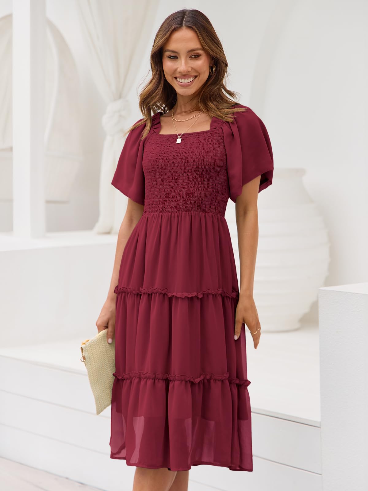 LILLUSORY Women's Summer Casual Flutter Sleeve Square Neck Smocked Midi Dress