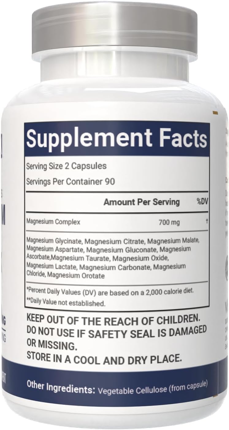 Magnesium Complex 700mg – 12-in-1 Magnesium Supplement with Glycinate, Citrate, Malate, Oxide, Taurate & More – High Absorption, 180 Capsules, 90 Servings, Non-GMO - Image 5