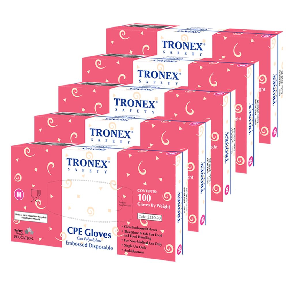 TRONEX 2330 Food Safe Cast Polyethylene CPE Embossed Clear Plastic Poly PE Disposable Gloves for Sushi, Sandwich, and Bakery Preparation, Large, 5 Boxes of 100