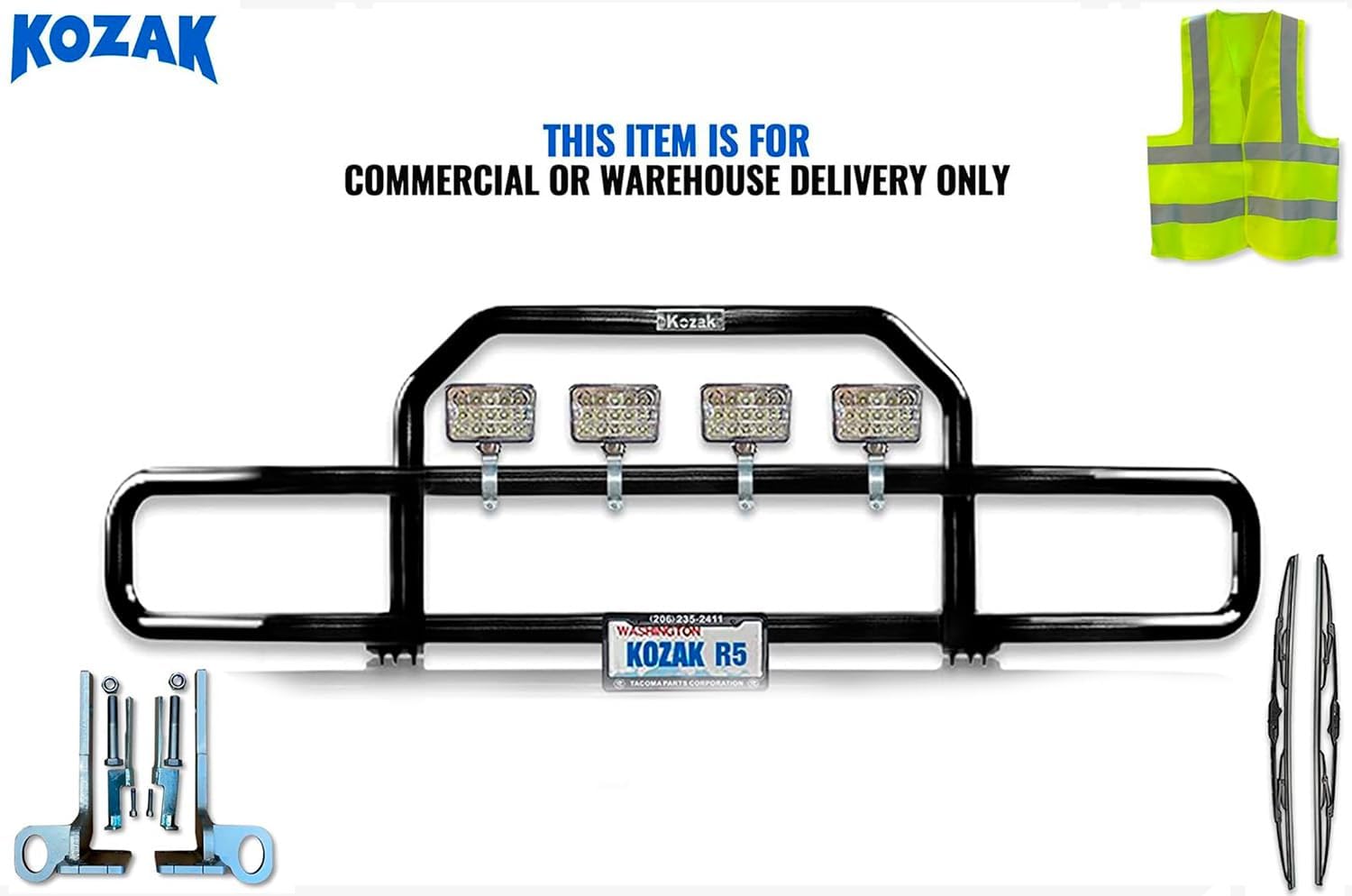 Compatible with Peterbilt 579 2013-2020 Black Front Grille Deer Moose Brush Bumper Guard with 4x 6" LED Lights PLUS Logo, 2X Wipers, License Plate Holder & Frame, and Vest