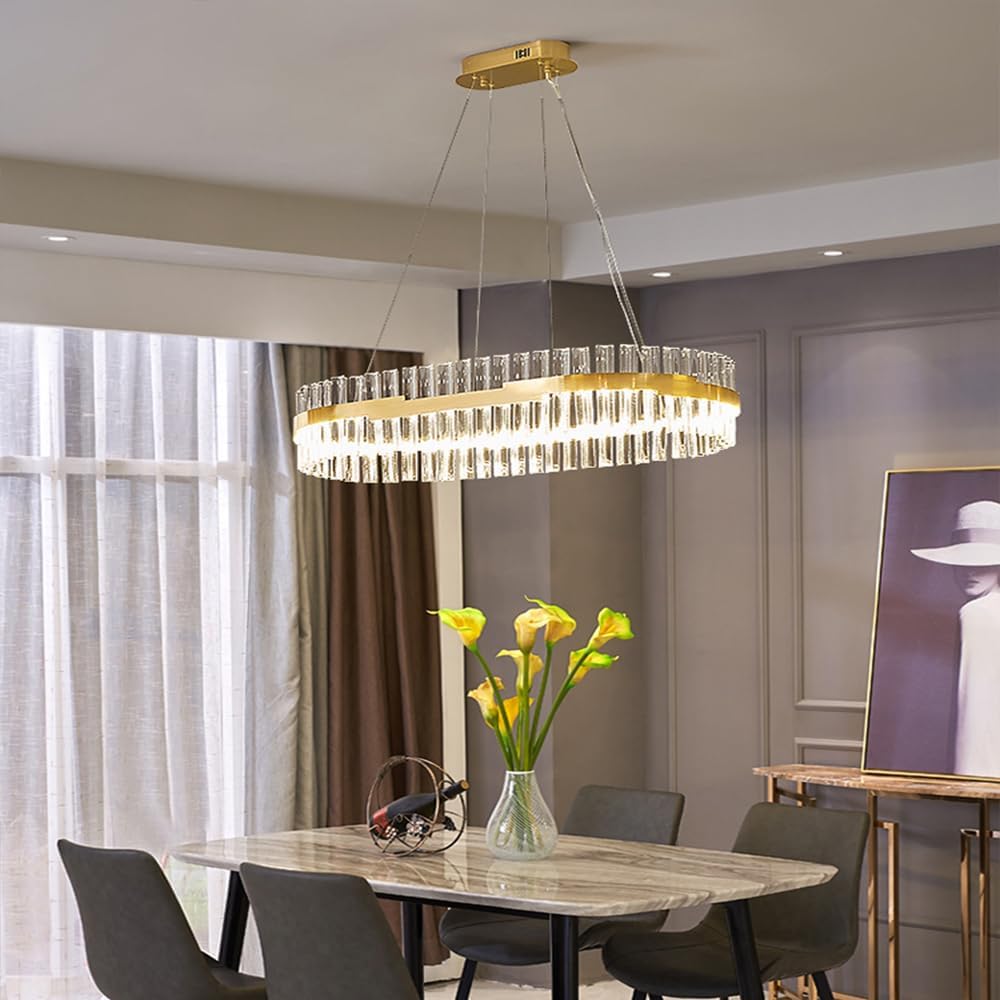 Gold Crystal Oval Light Fixture,Dining Room Oval Chandelier, 31" 80w Gold LED Crystal Chandeliers,for Living Room/Kitchen/Chandelier Light Fixtures?Modern Oval Crystal Pendant Light