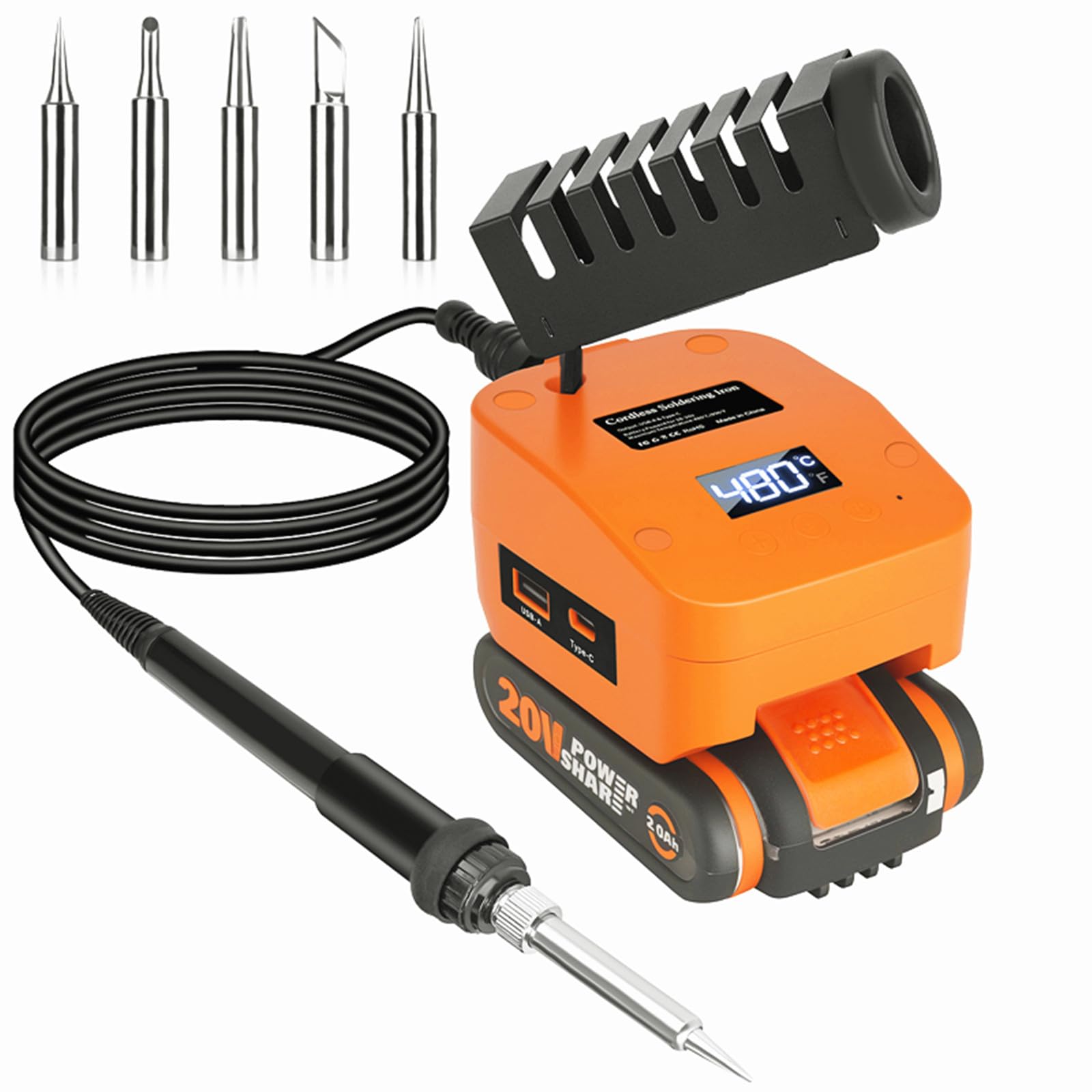 GZYZ Kabelloser Lötkolben Set kompatibel mit Worx 20V Akku, Tragbarer Lötkolben mit USB und Typ-C, Einstellbarer Temperaturbereich 180–480 °C für DIY, Elektroarbeiten (Ohne Akku)