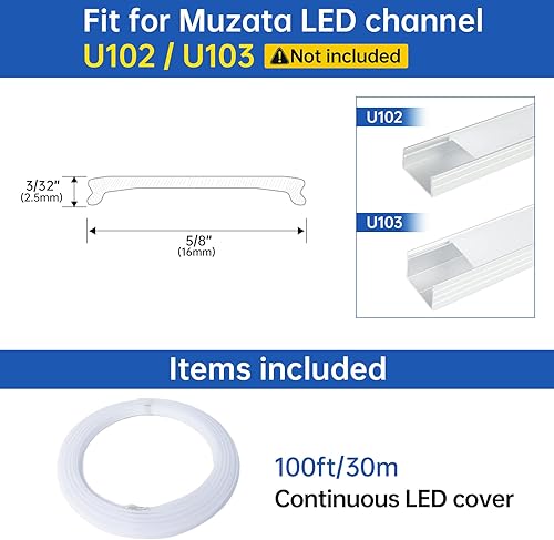 Miniatura 3 de Muzata 30M100FT de cubierta LED de plástico sin costuras blanca lechosa anti-UV continua para el canal Muzata U102 U103 LC22 WW 30M de longitud