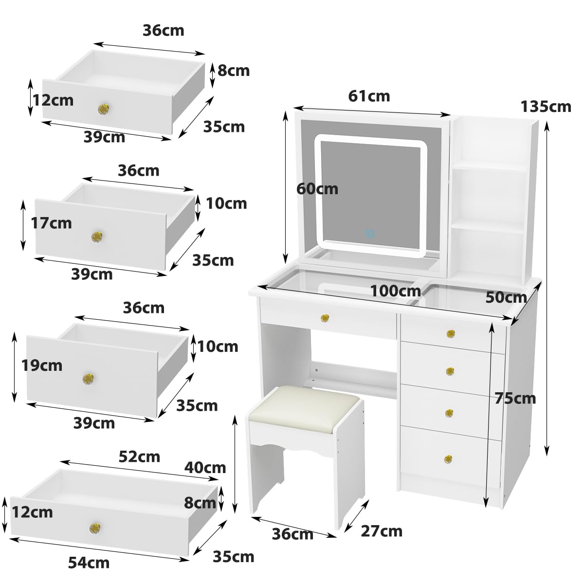 Tavolo da Toeletta Con Grande Piano in Vetro, Illuminazione a 3 Colori, Specchio e Sgabello - 5 Cassetti e 4 Ripiani - Bianco
