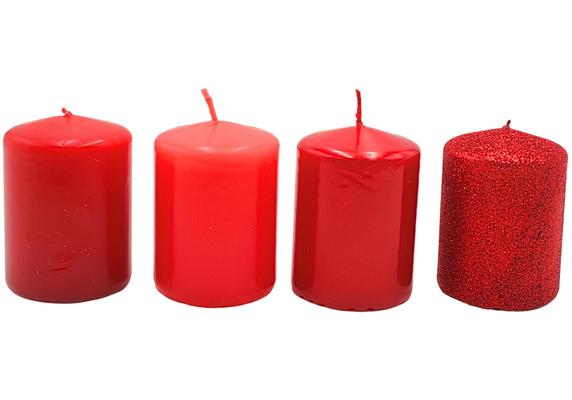 Dekohelden24 Advent Candles, Pillar Candles, Table Candles, Block Candle, Red Glitter, Pack of 4, L x W 5 x H 5 x 7 cm