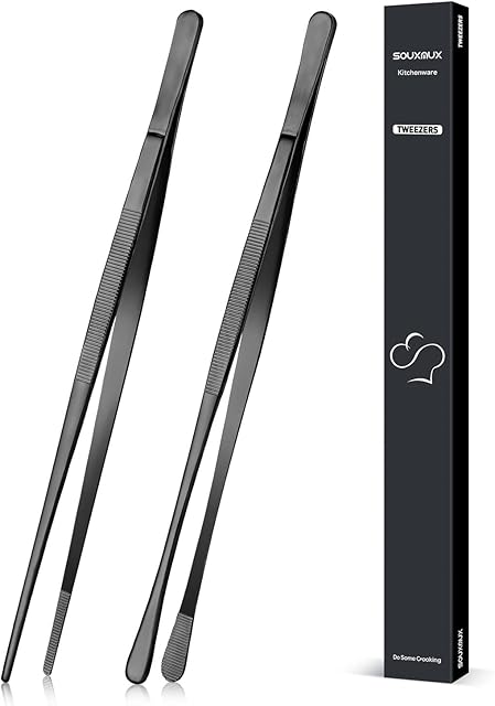 2 Pcs 30.5CM Cooking Tweezers Tongs Precision Serrated Tips, Stainless Steel Professional Chef Tweezer Kitchen Tools for BBQ, Plating and Serving (Black)