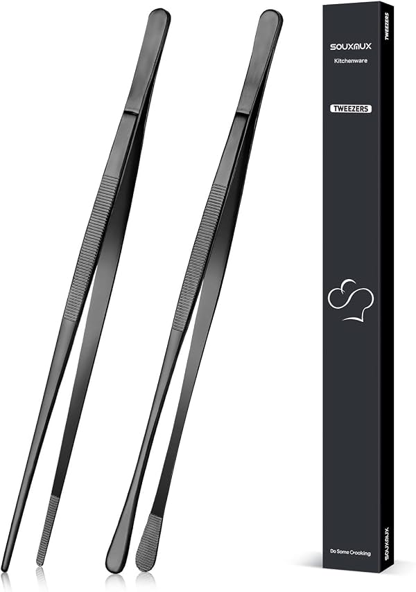 2 pinzas de cocina de 12 pulgadas con puntas serradas de precisión, acero inoxidable profesional para chef, para parrilla, emplatado y servir (negro)