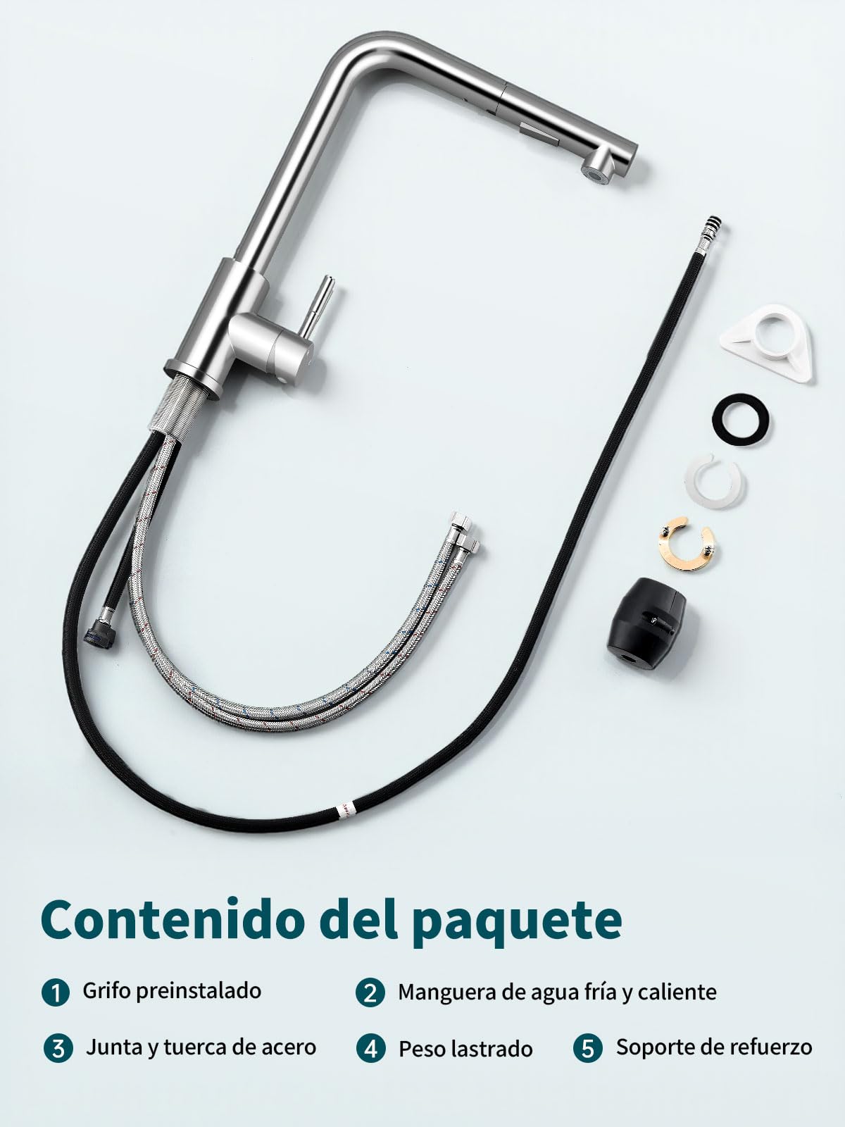 Hiqufet Grifo de Cocina con Arco Alto y Brazo Extraíble, 2 Modos de Pulverización Giratorio 360°, Cromo Pulido
