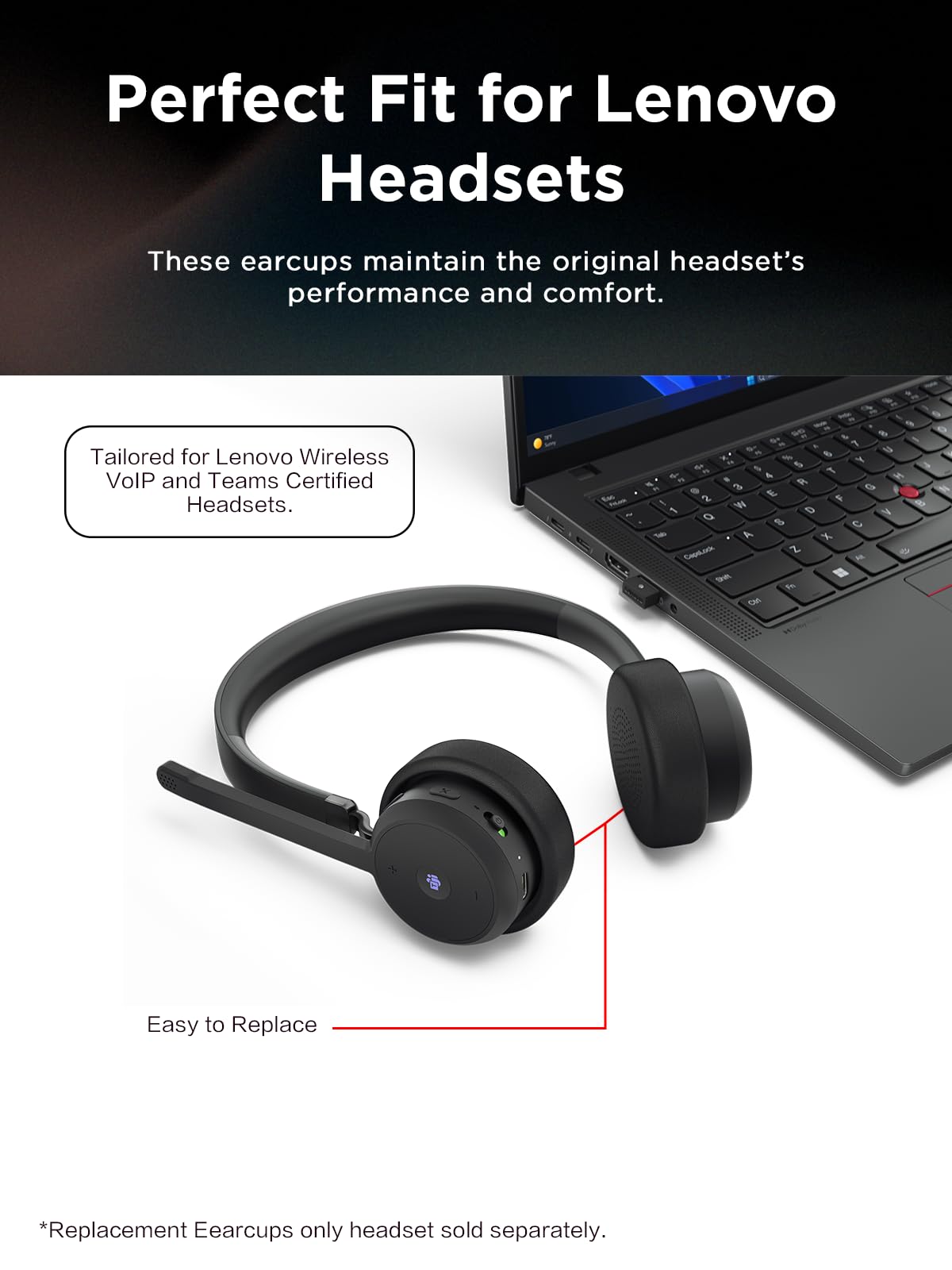 Coussinets de Rechange pour Casque sans Fil Lenovo - 5 Ensembles (10 pièces) - Mousse à mémoire de Forme - Noir