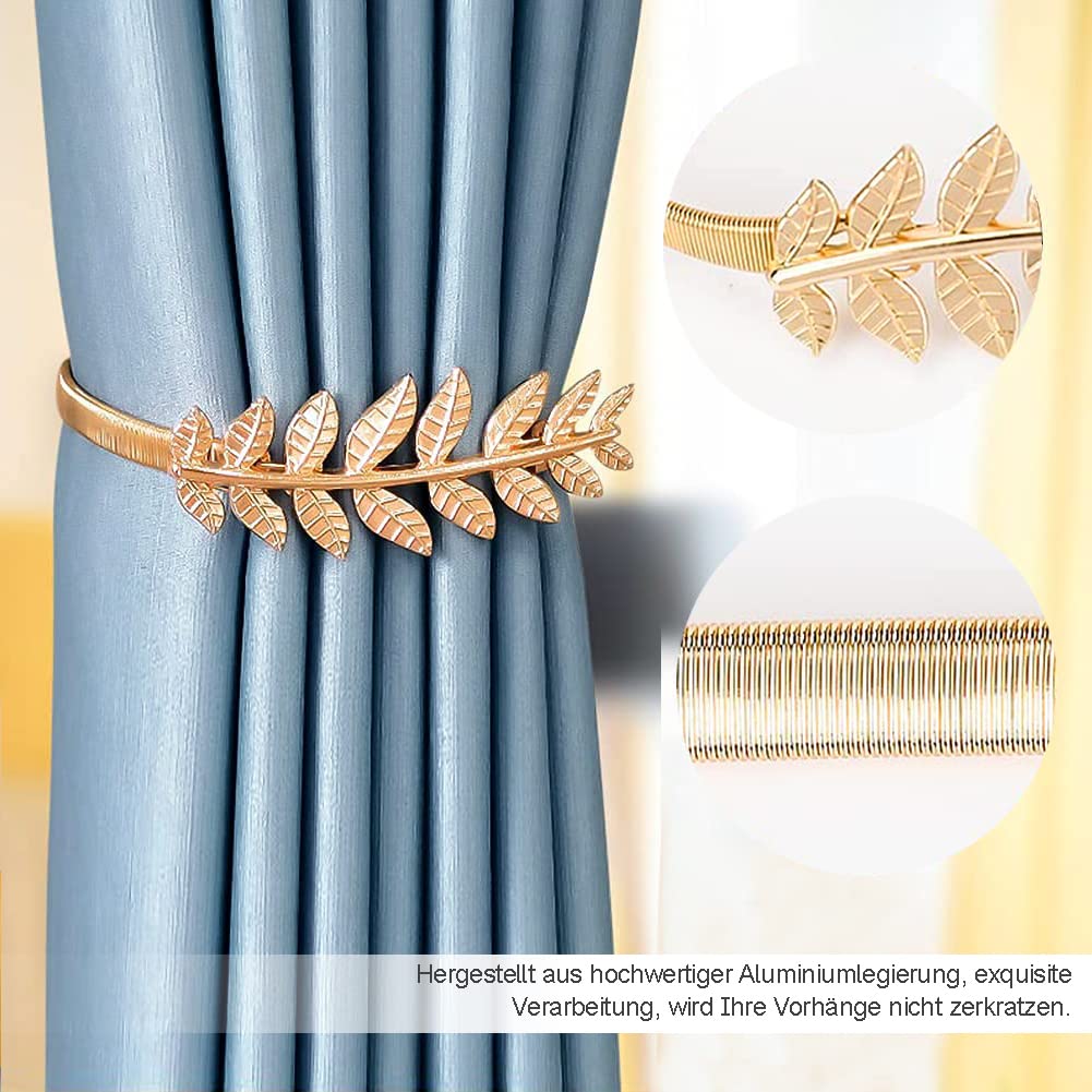 Sinzau 4 Pièces Feuilles Dorées Embrasses De Rideaux, Pince à Rideau, Porte Rideaux élasticité En Alliage Réglable, Boucles Rideau Avec Corde Ressort, Pour Maison Bureau Hôtel Fenêtre