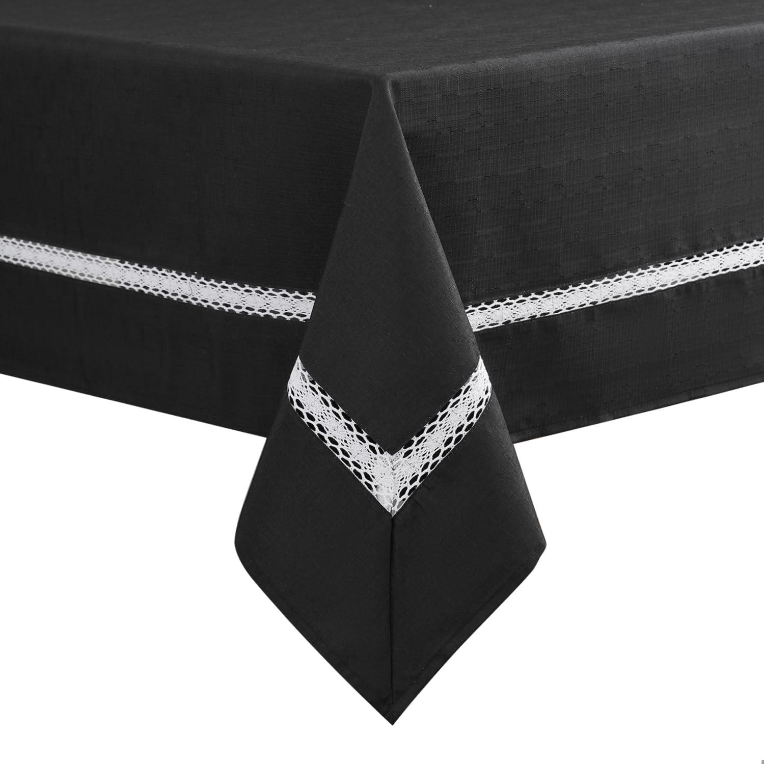 EHouseHome Heavy Duty Fabric Tablecloth with White Lace-Waterproof/Wrinkle Free/Stain Resistant/Oil Proof-for Dining,Indoor&Outdoor,Wedding,Holiday,Black,Rectangle 60x120Inch