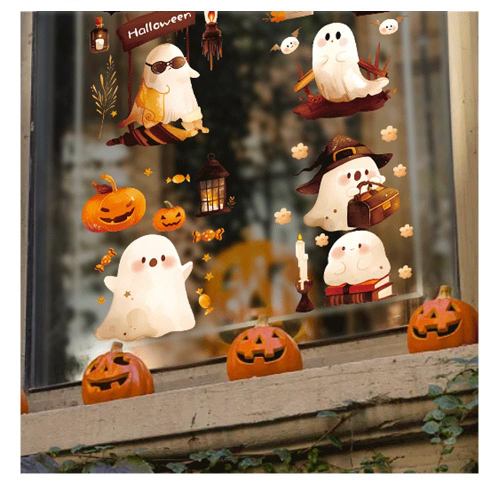 Autocollants Halloween Fenêtre - Lot De 9 Feuilles 20x30 Cm - Motifs Squelette, Citrouille, Sorcière... Réutilisables Et Sans Traces