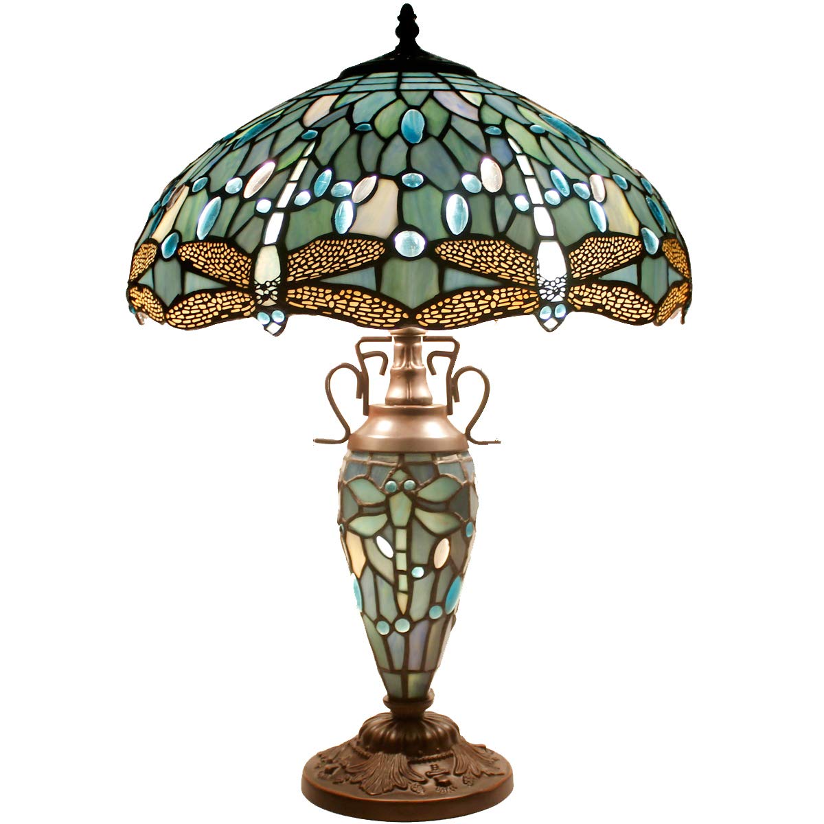 Werfactory Sea Blue Dragonfly S147 Series Tiffany Table Lamp Sea Blue Stained Glass Dragonfly Style 16X16x24 Inches Mother-Daughter Vase Desk Reading Light Decor Bedroom Living Room Home Office S147 Series