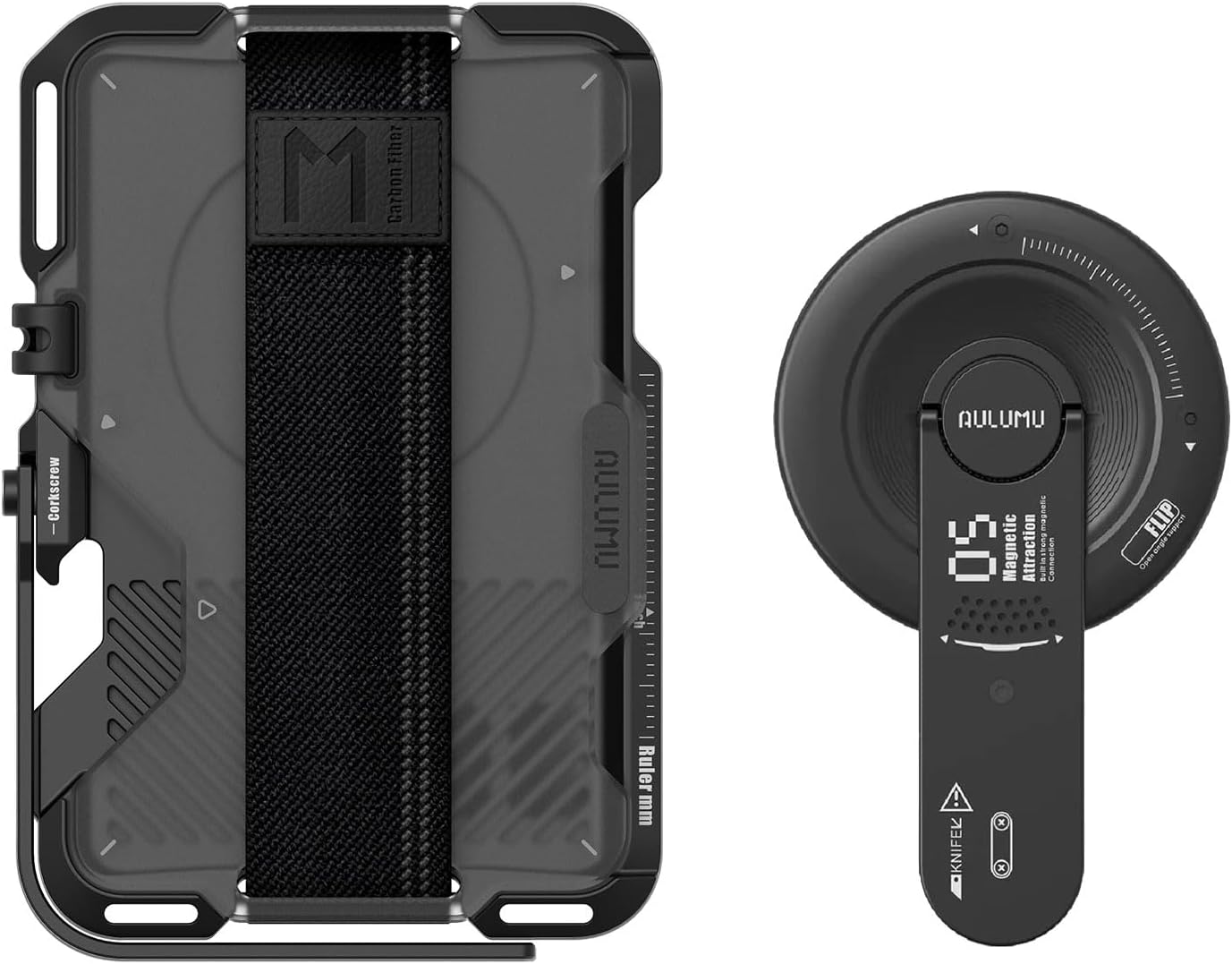 Aulumu G05 MagSafe Stand Grip [Black] + G03 Transparently Magnetic Wallet Card Holder [Translucent Grey] Magnetic Stand Grip Kit