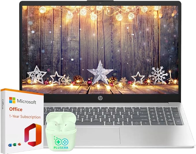 32GB laptop HP 15.6" Laptop with Microsoft Office 365 Included, Intel 4-Core Processor, 1.1TB Storage (1TB OneDrive and 128GB SSD), Windows 11, PLUSERA Earphones, Natural Silver (32GB RAM)