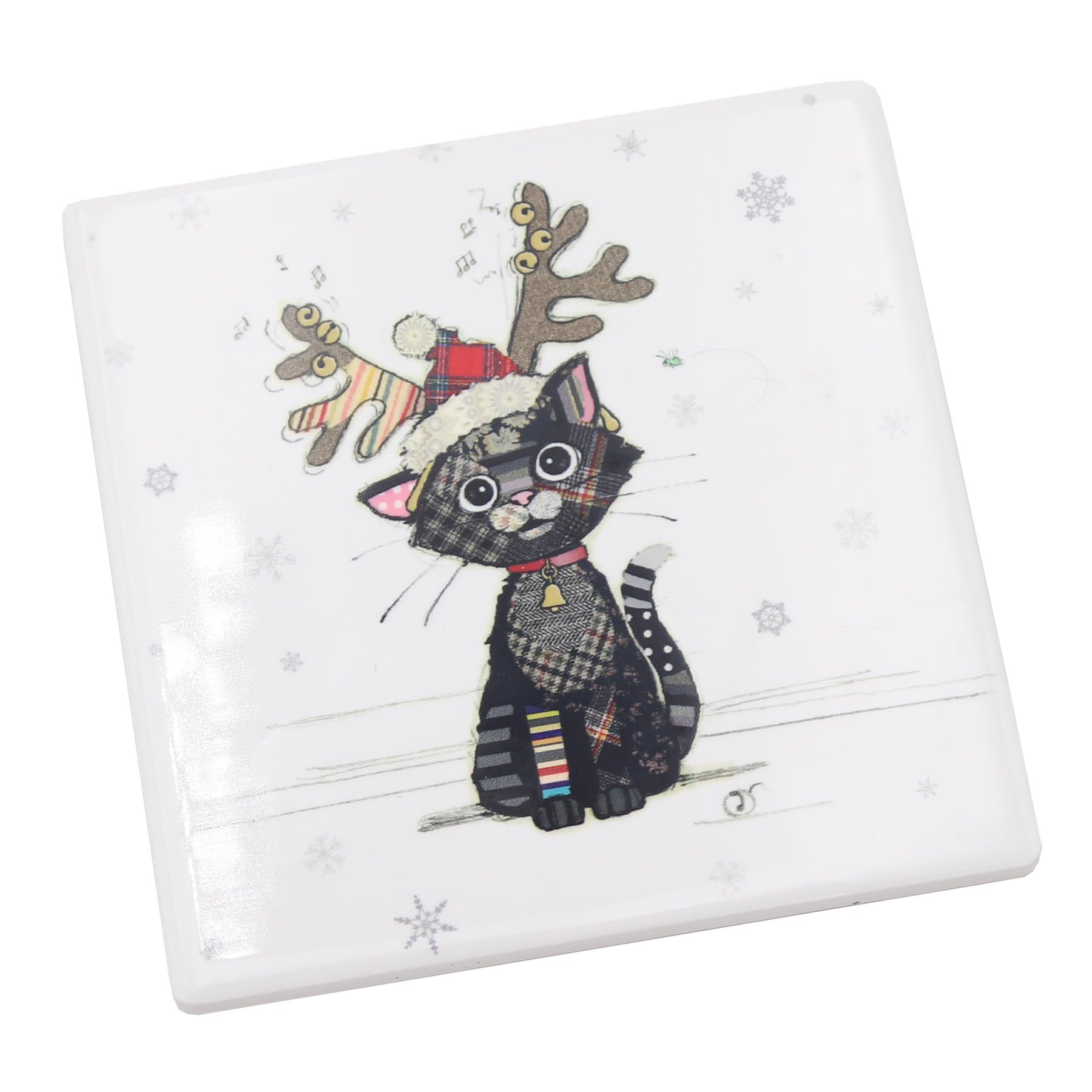 Christmas Coaster, Heatproof and Cork Backed Single Ceramic Coaster, Statement Kitchenware for the Home, by Bug Art (Cat Kitten 6675)