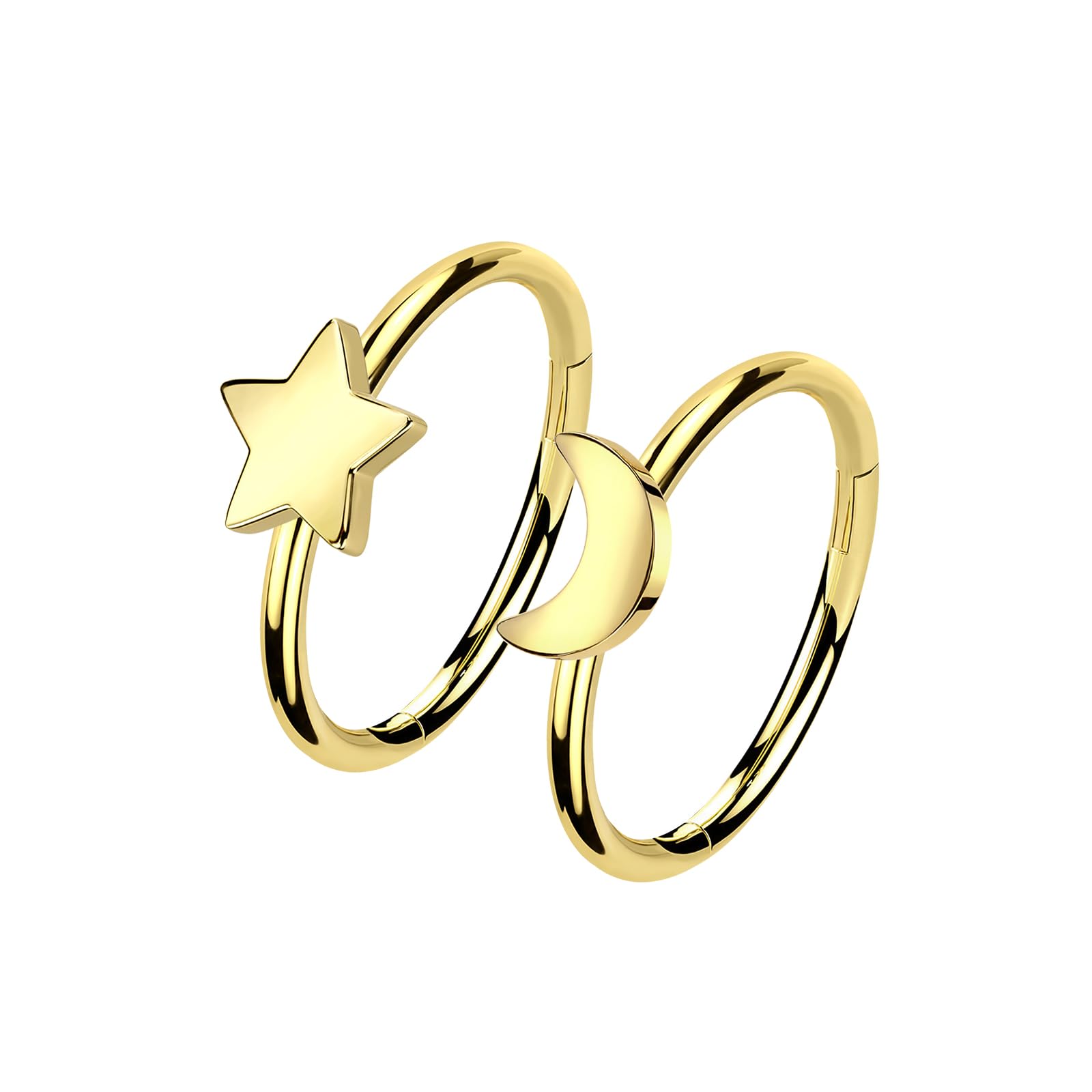 ALACLO 2Pcs Star Moon Nose Rings Hoop, 16g 18g 20g 316L Surgical Steel Cartilage Hoop Earrings for Women Men, Labret Lip Tragus Helix Daith Piercing