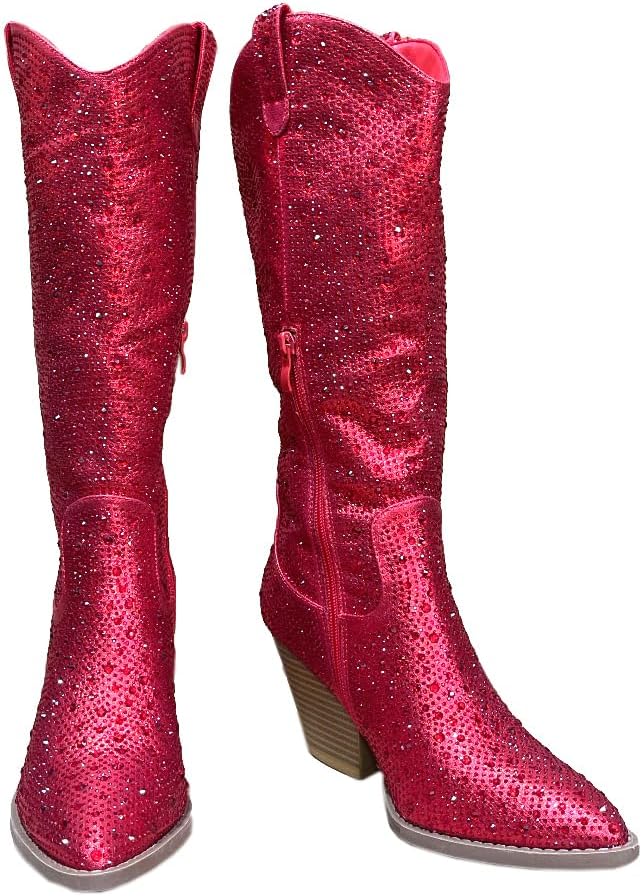 ABSOLEX Women Western Cowgirl Cowboy Pointed Toe Rhinestone Knee High Boots - 第 32/64 張圖片
