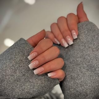 KXAMELIE Ombre French Press on Nails Medium Square, Soft Gel Fake Nails Short Coffin, Glossy White Peach Acrylic Nails Press on with Nail Glue, Reusable Glue on Nail for Women, Easy to Apply, 28 Pcs
