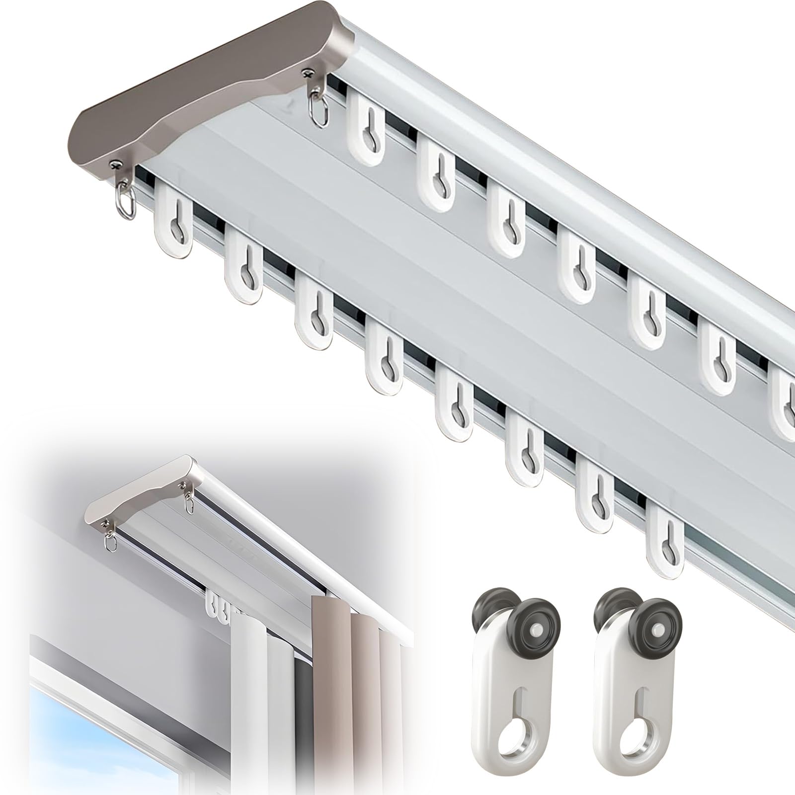 Double Curtain Track Ceiling Mount, 11.2ft (3.4m) Heavy Duty White Aluminum Alloy Curtain Rail with Nano Rollers, Blackout Drop Ceiling Track for