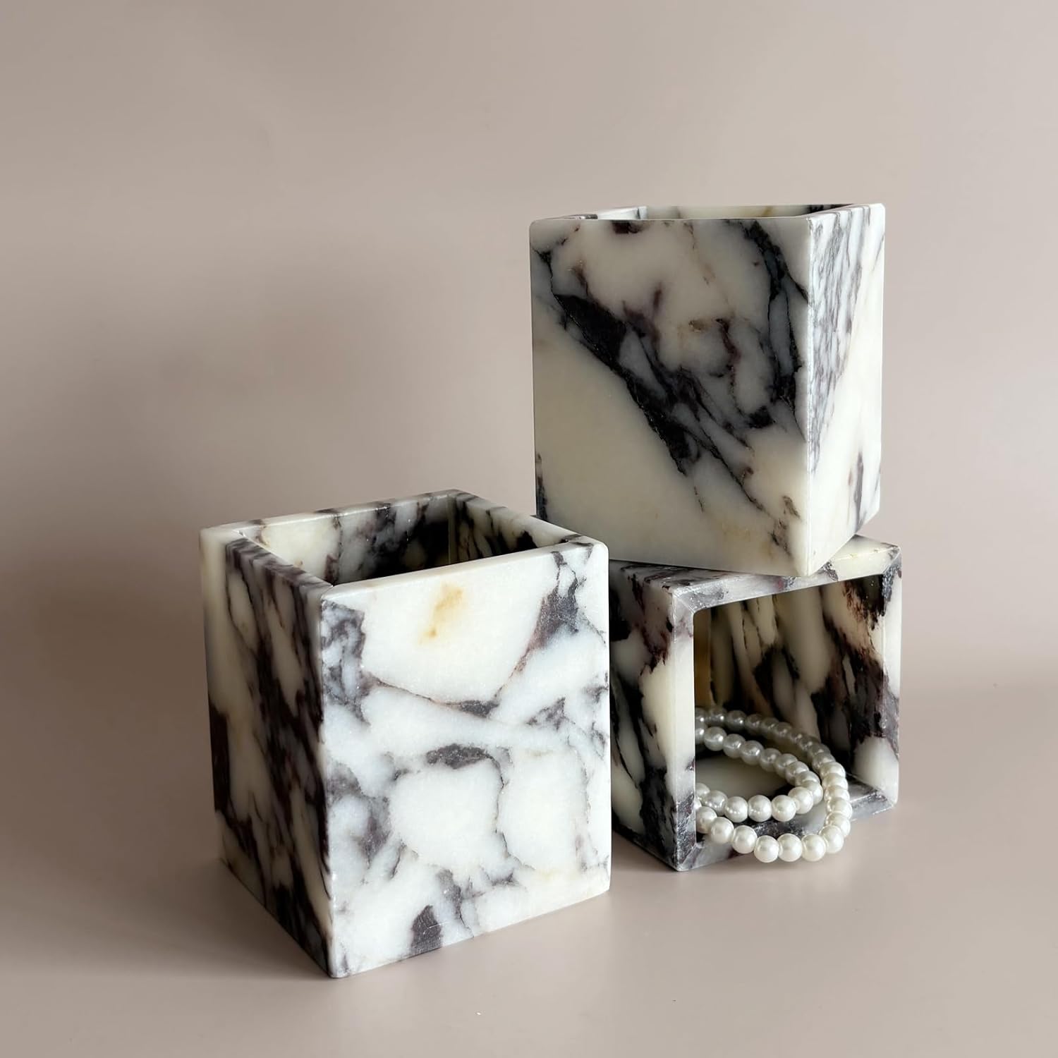 Natural Marble Stone Square Storage Container Empty Vessel Holder Cup for Candle/Pens/Sundries items (Calacatta Purple)
