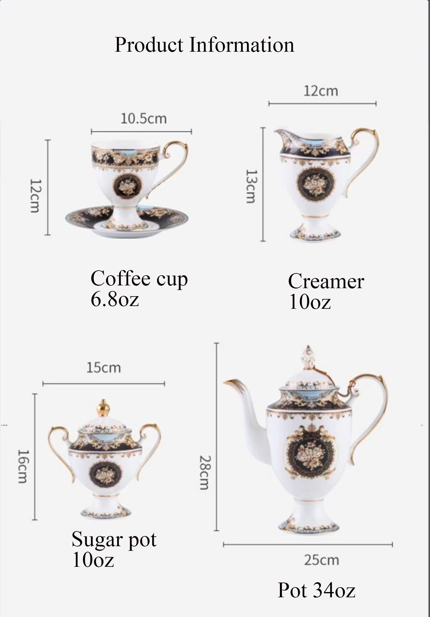 Juego de tazas y platillos de té y café de 192.8 g, 21 piezas de taza de té en relieve de colores azul y negro con platillo a juego, porcelana fina de hueso, servicio para 6 personas