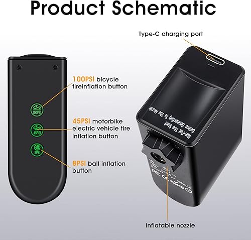Miniatura 3 de Mini bomba de bicicleta portátil de 100 PSI, bomba de aire de 1260 mAh, adecuada para coches eléctricos, motocicletas, bicicletas y pelotas..