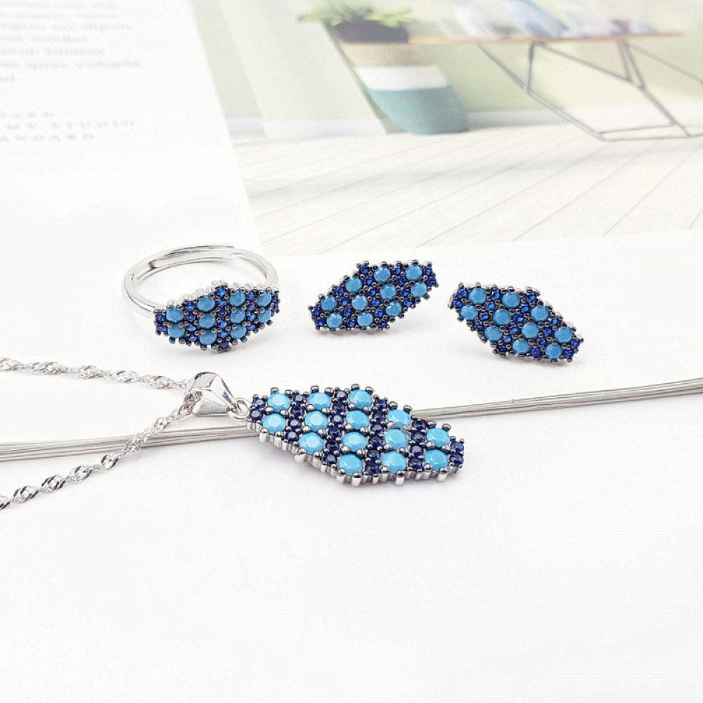 Moda S925 Sterling Silver Necklace Abertura Anillo Pendientes Mujer Joyería Set Geométrico Turquesa Azul Retro Clásico Encanto Creativo Regalo De Alta Gama