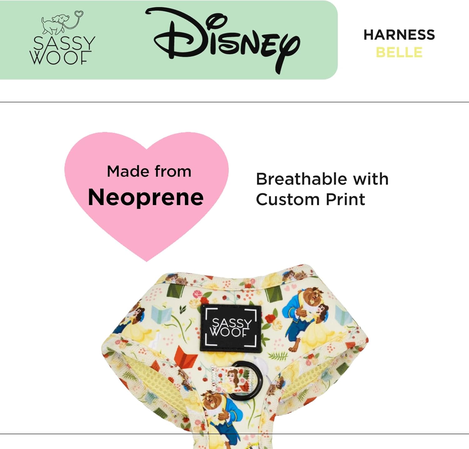 Dog Adjustable Harness - Disney Princess Beauty and The Beast Belle - S, Breathable Mesh, No Pull Design with Two D-Rings, Perfect for Medium Dogs - Officially Licensed