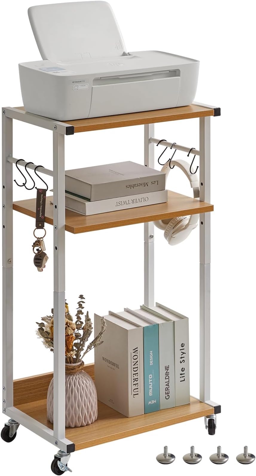 YMYNY Mobile Printer Stand - 3 Tier Under Desk Home Printer Cart on Wheels, Industrial Height Adjustable Wood Rolling Table for Fax Machine, Scanner - 44×30×82CM Natural Color HPT002N