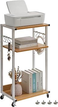 YMYNY 3 Tier Under Desk Printer Cart on Wheels Stand,Natural HPT002N