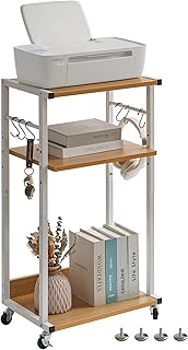 YMYNY Soporte para Impresión de 3 Niveles, Carro de Impresora de Escritorio, con Pies Ajustables y Ruedas Bloqueables, para Oficina, Cocina, Estilo Industrial, 44×30×82CM Color Natural HPT002N