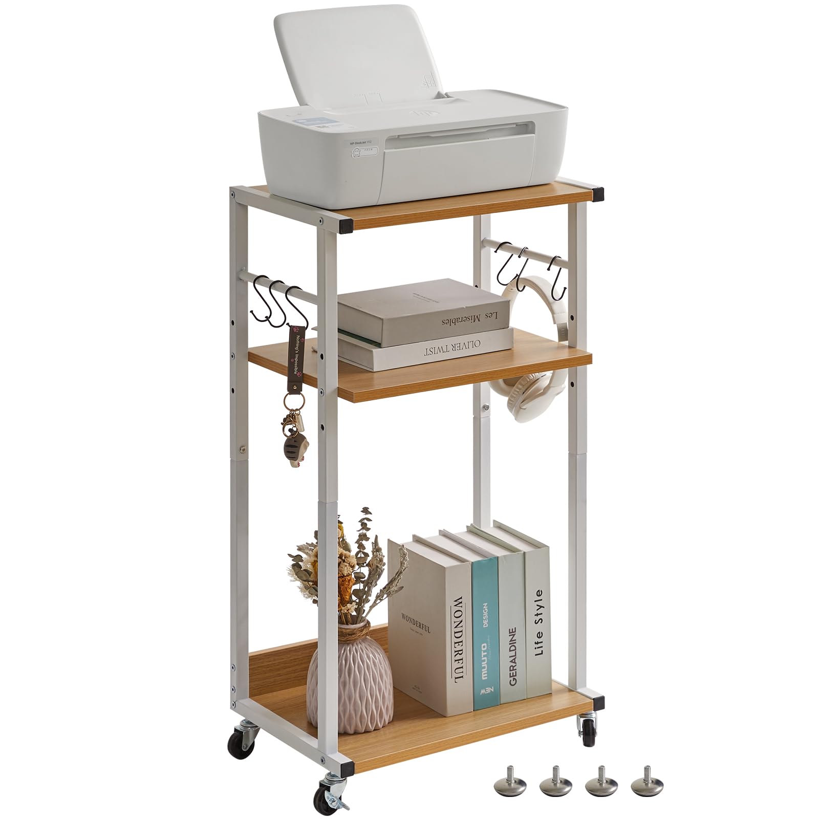 YMYNY Mobile Printer Stand - 3 Tier Under Desk Home Printer Cart on Wheels, Industrial Height Adjustable Wood Rolling Table for Fax Machine, Scanner - 44×30×82CM Natural Color HPT002N
