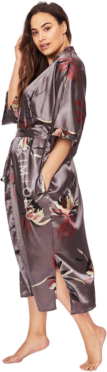 KIM+ONO Luxury Kimono Robe for Women | Long Satin Floral Robe | Hana Deep Gunmetal | Original Design