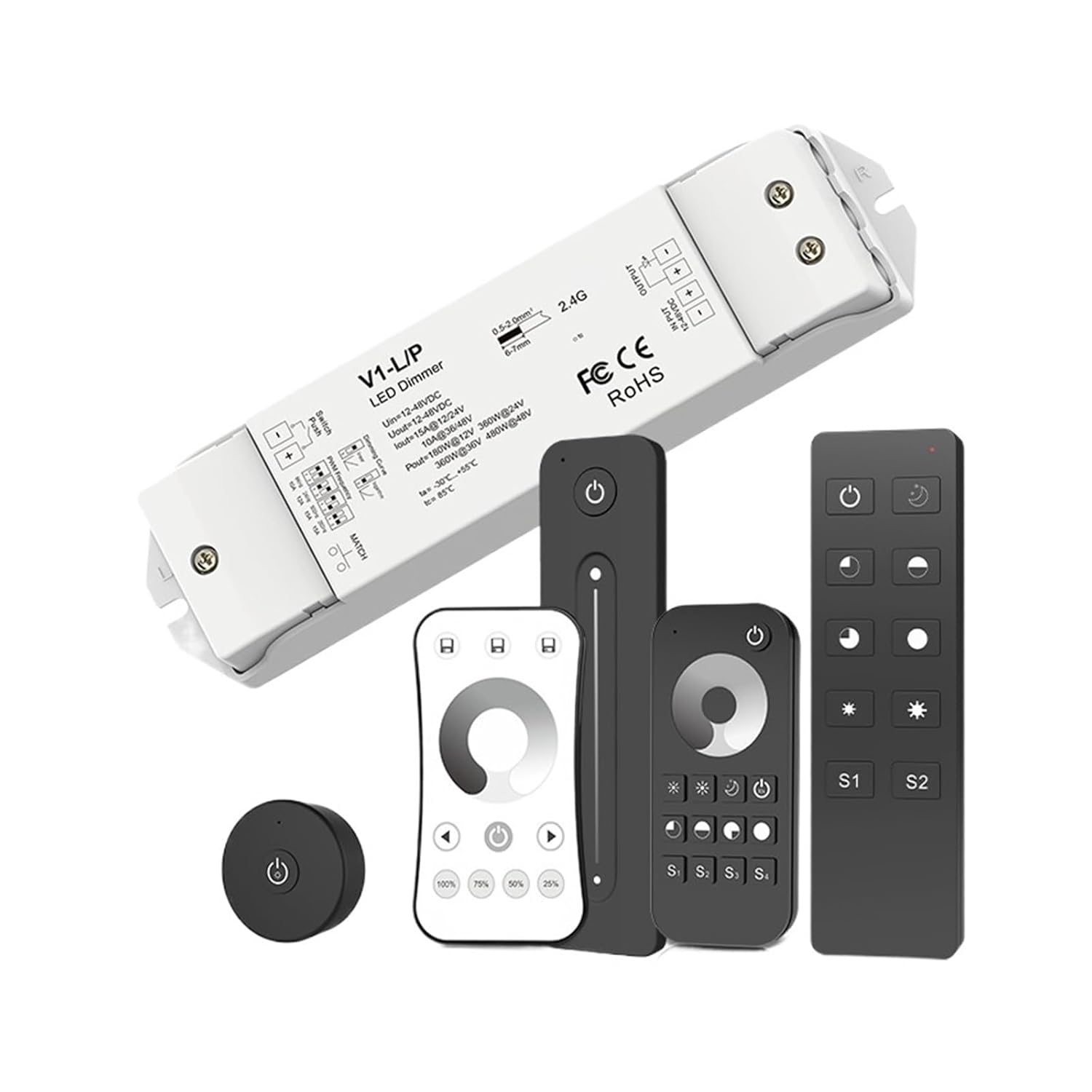 V1-L/P LED Dimmer 12-48V RT1 1 Zone Single Color LED Light Strip Dimming Kit 2.4G Remote Button Switch Dimmer(V1-LP)