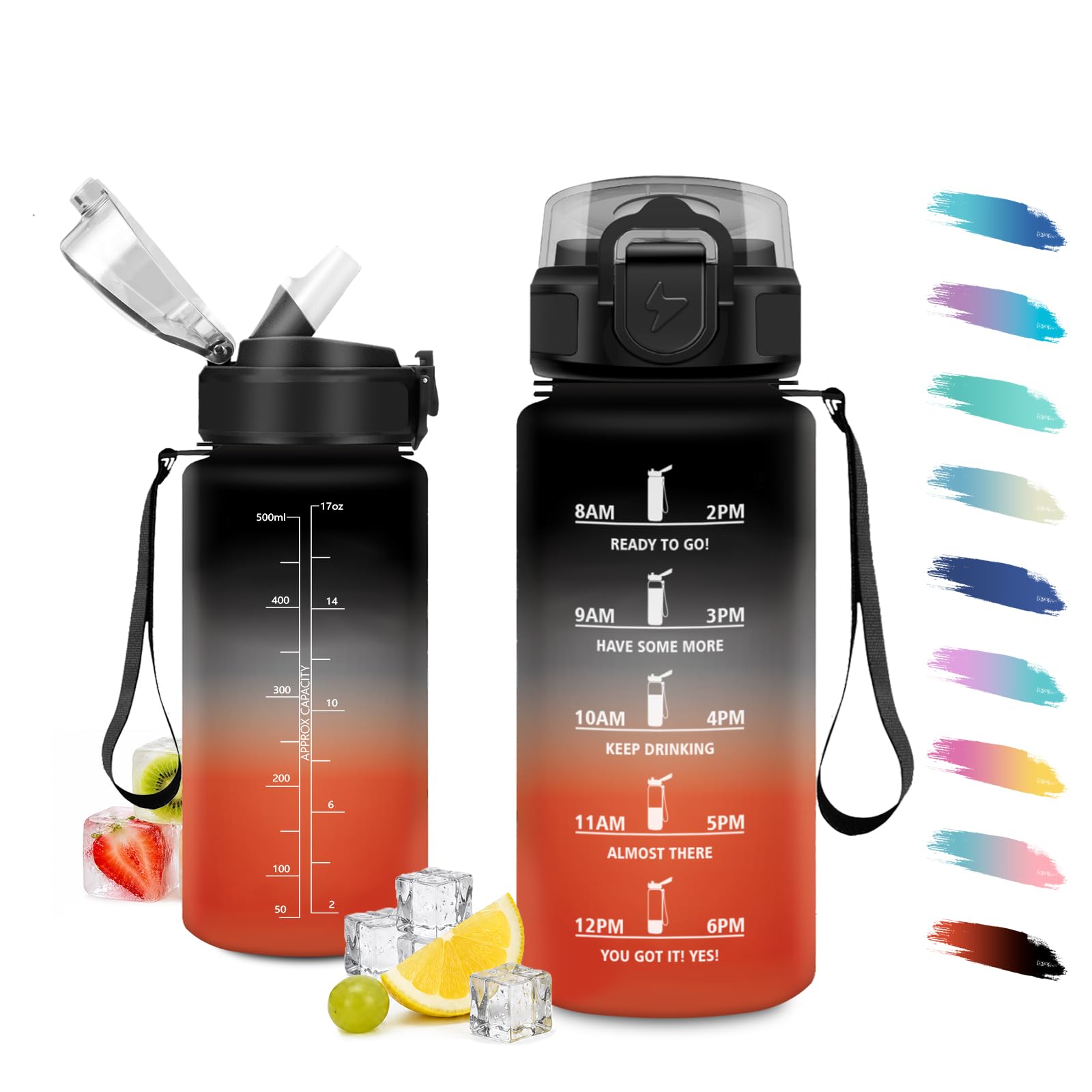 JAPORIA 500ml Water Bottles with Straw, Water Bottle with Time Indicator, Reusable, Leak-Proof, BPA Free, Water Bottle for School, Office, Hiking