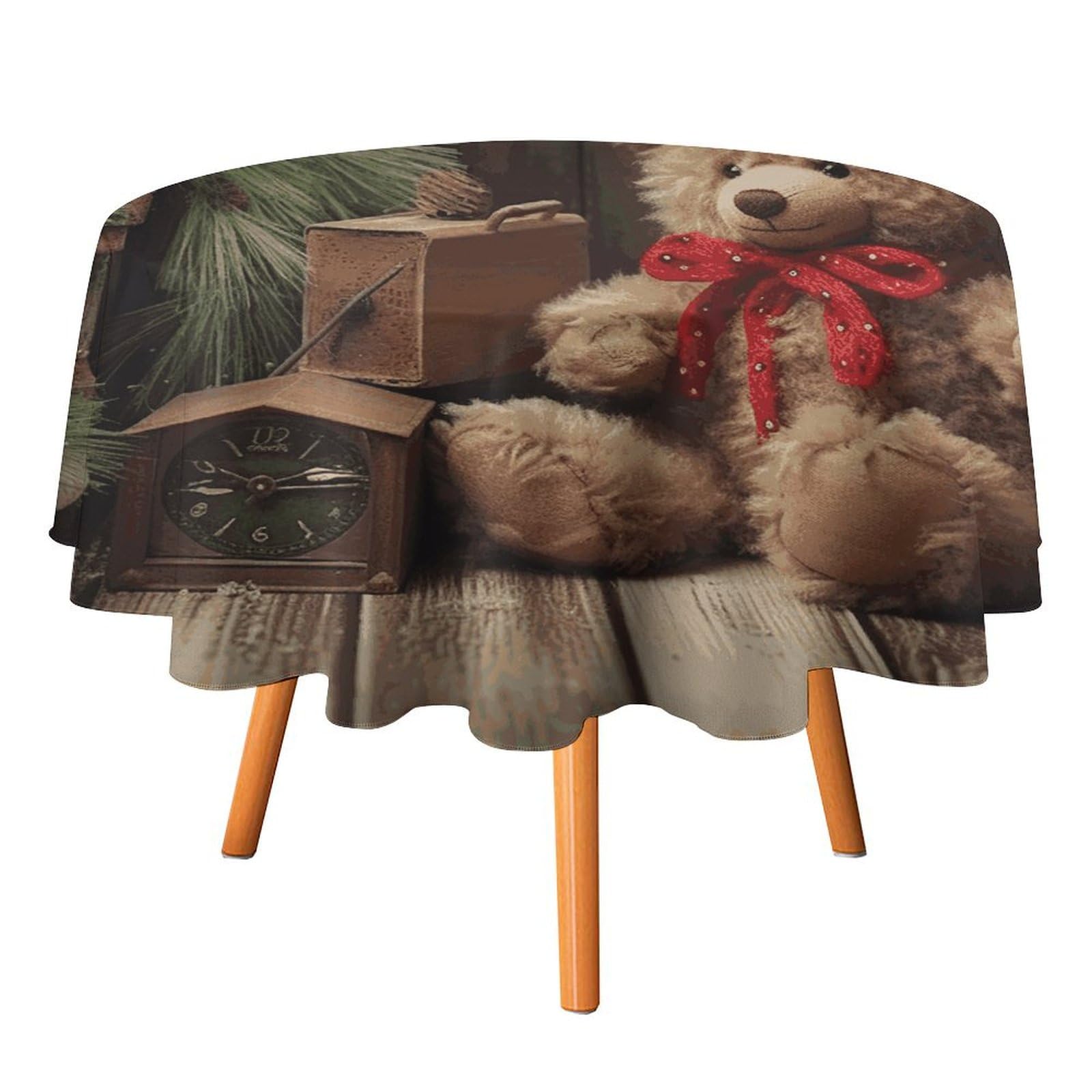 Nappe de Noël ronde avec branches et ours pour repas de fête et terrasse extérieure