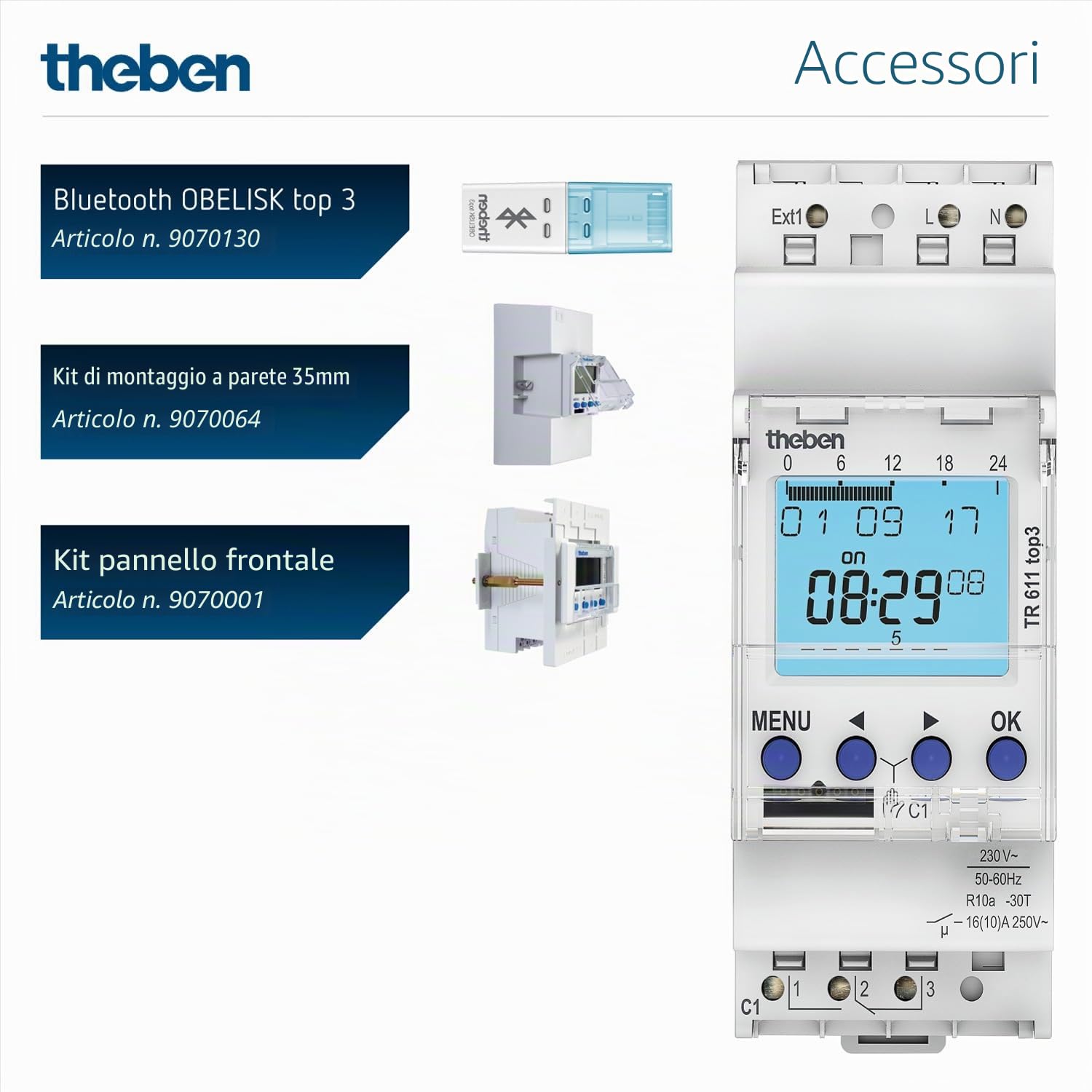 Theben 6110130 TR 611 top3 interruttore orario 1 canale ext. ingresso | 600 W LED, 10 anni di riserva di carica, precisione ± 0,25 s/giorno, 800 A/200 µs, 84 posizioni, 1 ingresso esterno, App