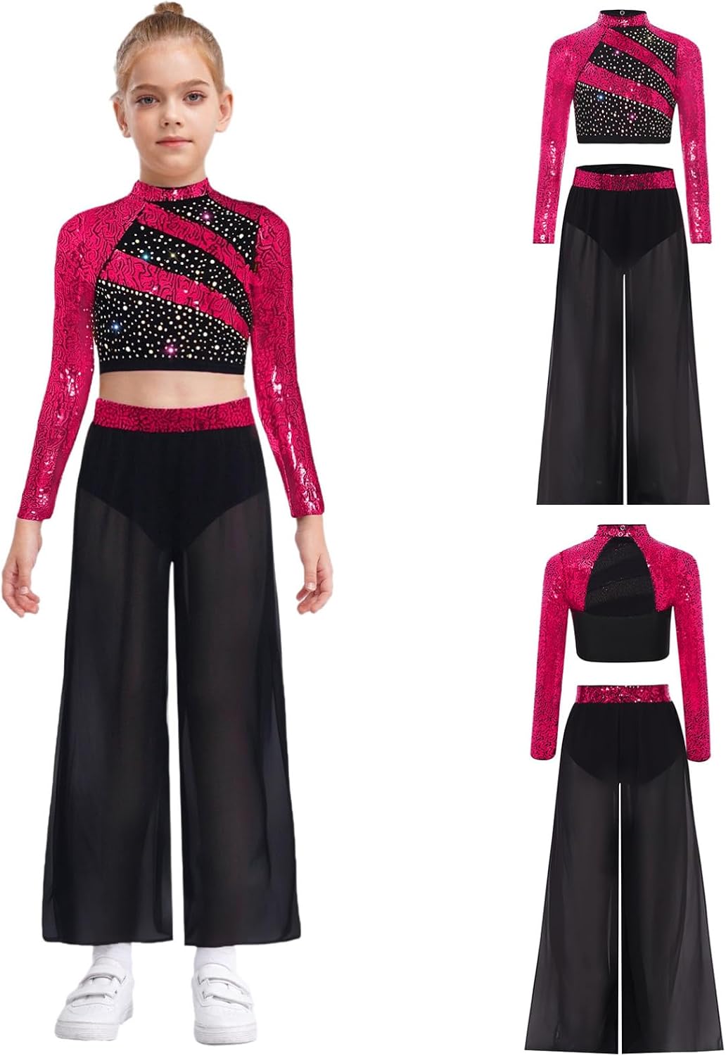 Alvivi Girls Sequin Jazz Dance Outfits Sparkle Long Sleeve Crop Top with Wide Leg Mesh Pants Hip Hop Dancewear
