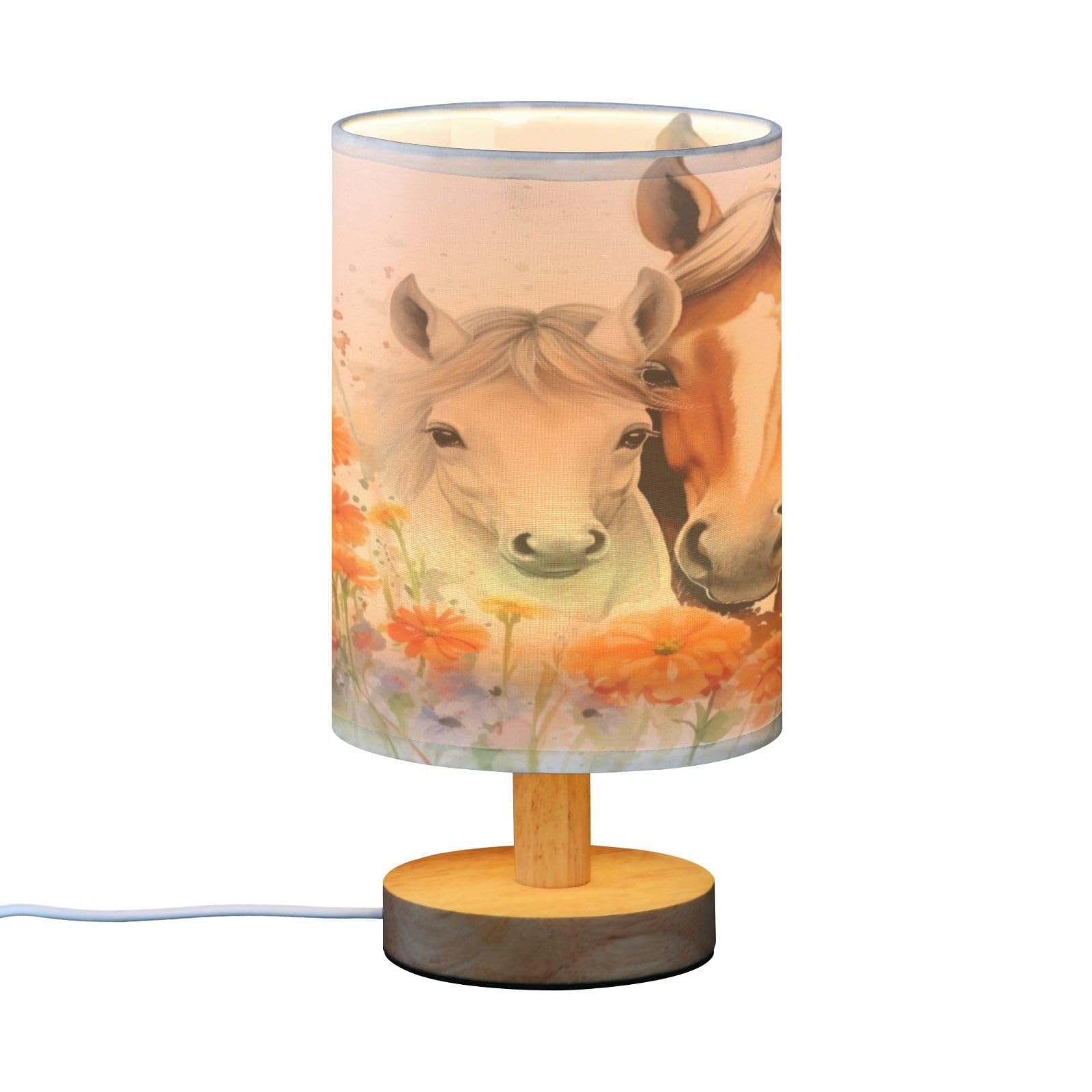 SDMKA Watercolor Wild Horses Bedside Table Lamp for Bedroom, Minimalist Nightstand Lamp with Round Fabric Shade for Living Room, Office, No Bulb Required
