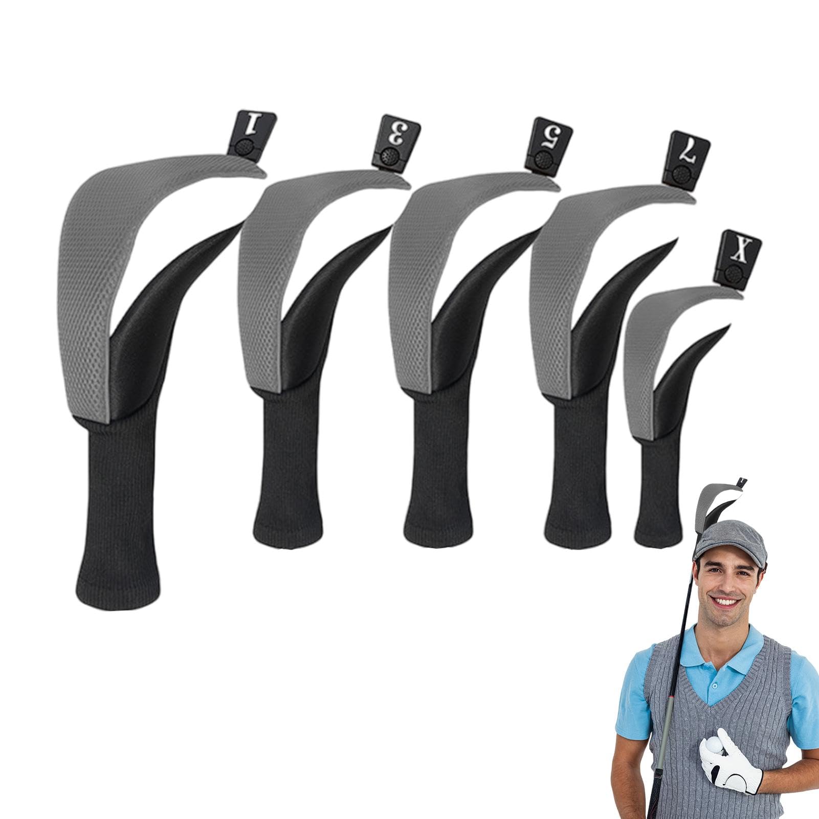 Set copritesta da golf, copritesta per mazze da golf in legno, Coprimazze protettive Collo lungo Antipolvere Copricapo ibrido da golf da 5 pezzi, Copricapo ibrido in legno con etichette numeriche Copr