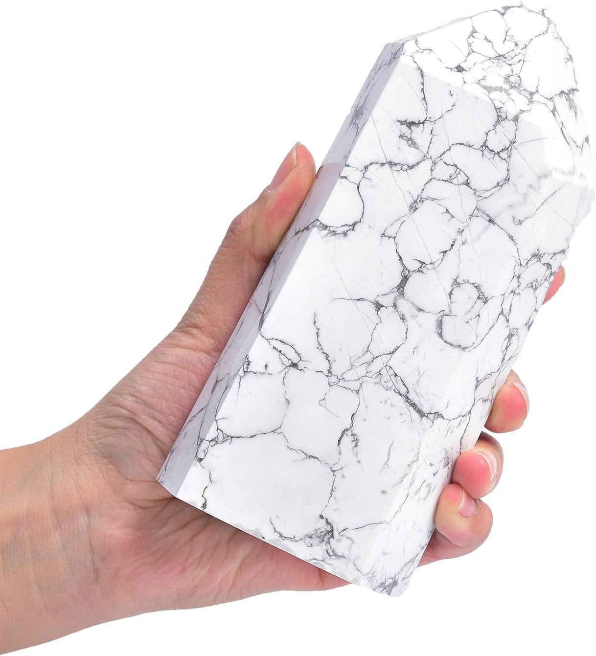 AMOYSTONE Natural Stone Tower Large White Turquoise Howlite Healing Crystal Wand Hexagonal Point Obelisk Irregular 2.5-3 Lbs, Spiritual Meditation, Reiki Chakra Gemstone Home Decor
