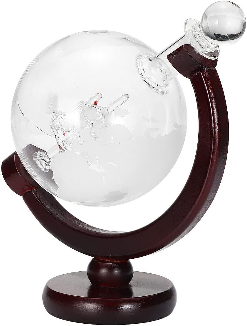 Berpar Globe Whiskey Decanter 850ml with Ship in Bottle, Hand Blown Borosilicate Glass with Wooden Stand for Spirits Display