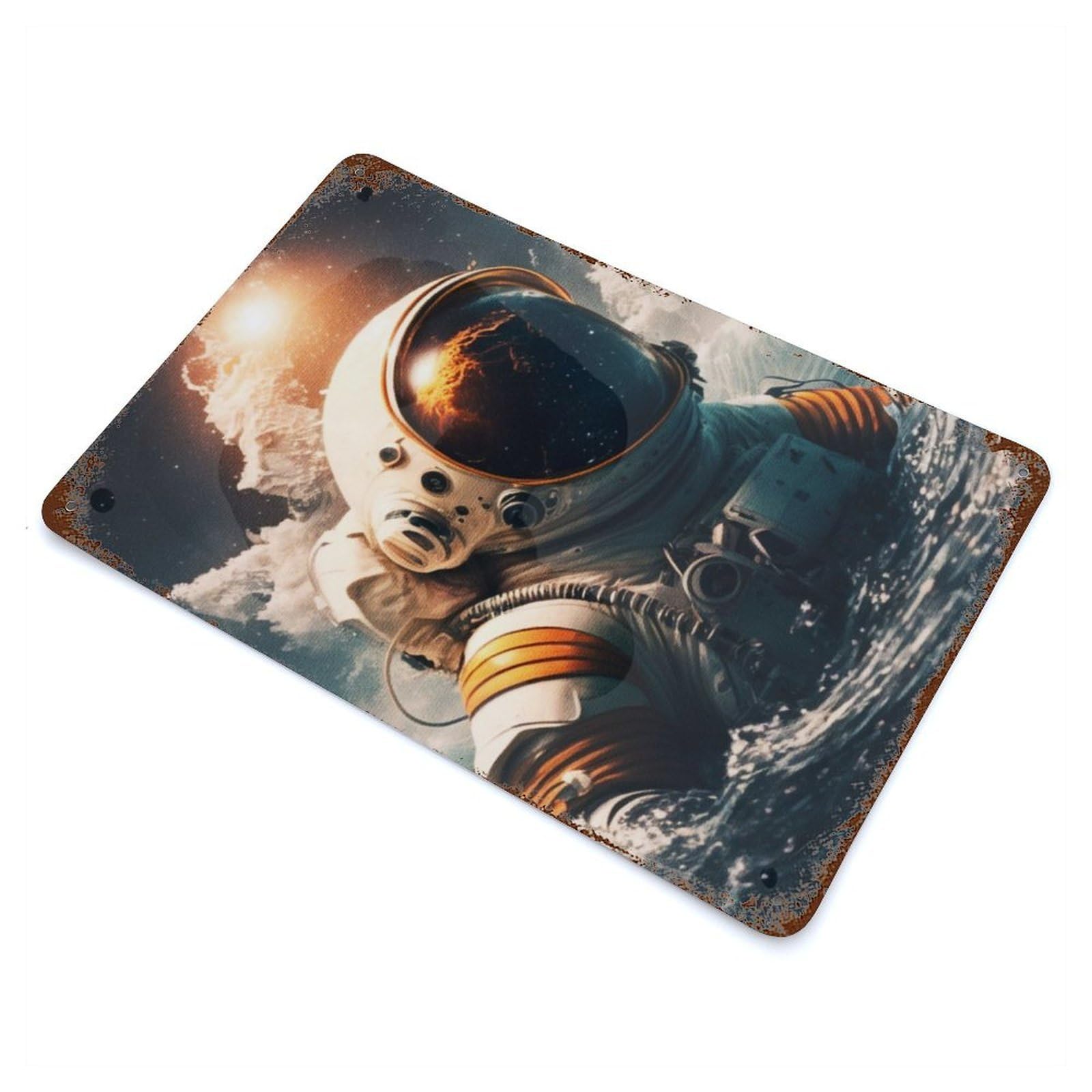 Astronaut in Ocean Rust Effect Tin Sign 11.8"x7.9", Ideal for Farmhouse, Kitchen And Entryway Decor